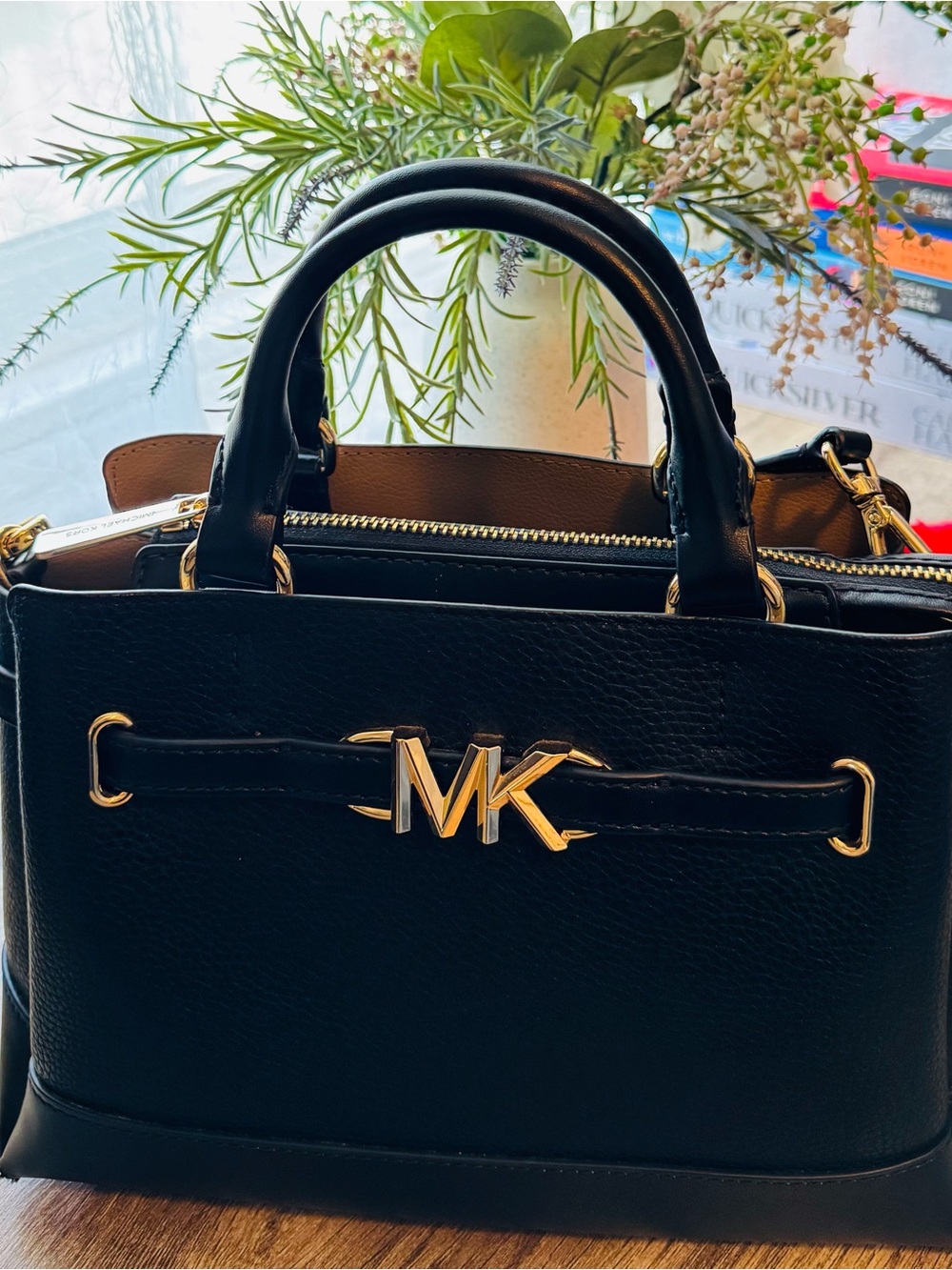 Michael Kors Black Leather Satchel with Gold MK Logo